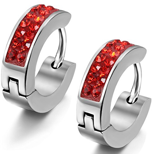 Flongo Edelstahl Gestüt Stecker Creolen Huggie Ohrringe Ohrstecker Ohrhänger Rot Gold Silber Doppel Strass Linien Poliert Damen Herren
