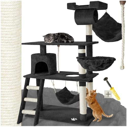 tectake Arbre à Chat Hauteur 141 cm Griffoir Maison Chat Interieur Jeux Appartement avec Grattoir Rampe Tunnel Panier Echelle Lit - Gris