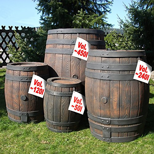 REGENTONNE EICHENFASS Set 50l, 120l, 240l, 450 Liter, das REGENFASS mit fühlbarer Holzstruktur, in sehr schönem Holz-Design, mit Maserung wie EIN HOLZFASS, dauerhaftdicht und splitterfrei!