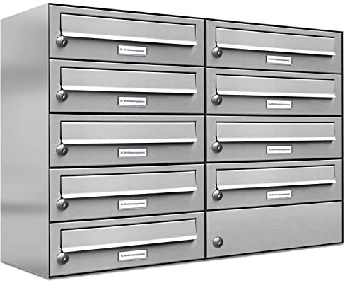 AL Briefkastensysteme 9er Briefkastenanlage Edelstahl, Premium Briefkasten DIN A4, 9 Fach Postkasten modern Aufputz