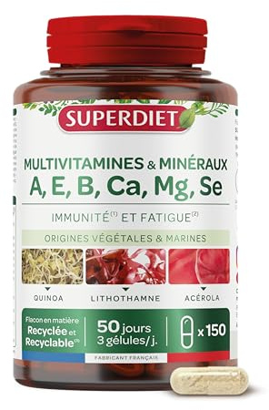 Multivitamines et Minéraux - Immunité, Fatigue - Gélules | Cure de 50 jours - 150 gélules - Vitamines A, E, B, - Calcium, Magnésium, Sélénium -Fabrication française - Superdiet