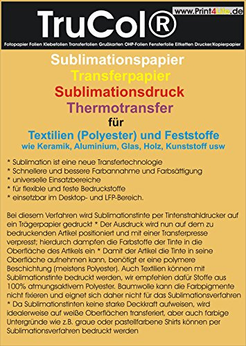 100 Blatt DIN A4 (210mm x 297mm) 95g /m² Sublimationspapier Sublimation Transferpapier für Textilien (Polyester) T-Shirt Transfer und Feststoffe wie Keramik, Aluminium, Glas, Holz, Kunststoff usw