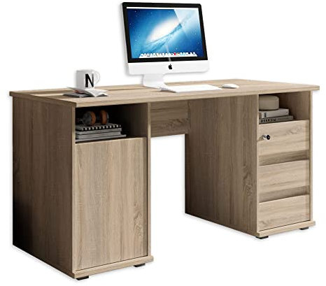 PRIMUS 2 Schreibtisch mit Schubladen, Sonoma Eiche Optik - Bürotisch Computertisch fürs Homeoffice mit Stauraum und offenen Ablagefächern - 145 x 74 x 65 cm (B/H/T)