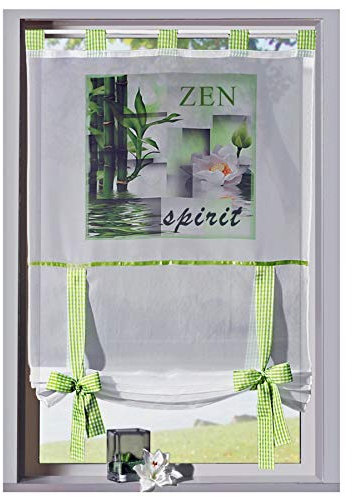 heimtexland ® Gardine Bandrollo Wellness Fotodruck Zen Orchidee Bambus - Schlaufen Raffrollo Vichy Karo grün HxB 120x60 cm - Scheibengardine Typ323