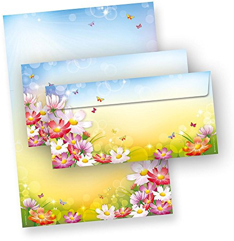 TATMOTIVE Florentina Briefpapier Set Blumen 25 Sets | Buntes Motivpapier für Erwachsene, DIN A4 Schreibpapier mit Umschlägen, florales Design für persönliche Post