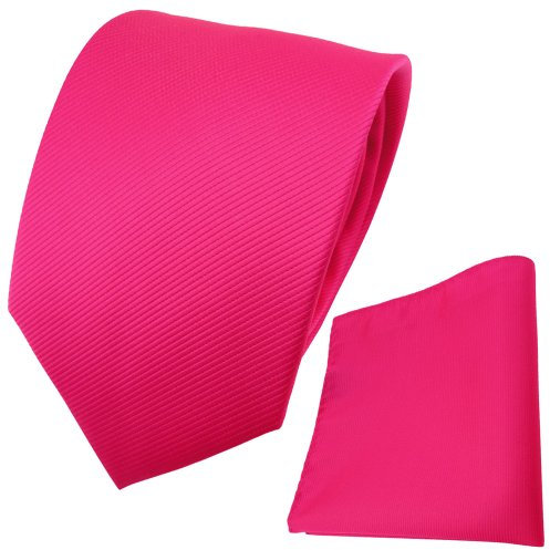 TigerTie Designer Krawatte + Einstecktuch pink knallpink leuchtpink einfarbig Uni Rips - Binder Tuch