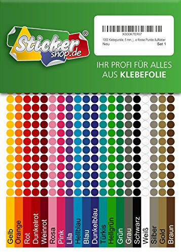 1000 Klebepunkte, 5 mm, je 50 Stück in 20 Farben, aus PVC Folie, wetterfest, Markierungspunkte Kreise Punkte Aufkleber