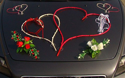 TOP HERZE Auto Schmuck Braut Paar Rose Deko Dekoration Autoschmuck Hochzeit Car Auto Wedding Deko PKW (Groß Weiß/Rot)