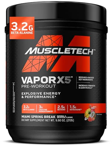 MuscleTech Pre-Workout Powder, Vapor X5 - Sports Nutrition Muscle Building Supplements for Women & Men - Intense Muscle Pump Energy Powder Drink Mix - Miami Spring Break, 272g (30 Servings)