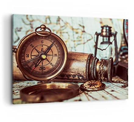 Bilder auf Leinwand 100x70cm Leinwandbild Kompass Teleskop Abenteuer antik Groß Wanddeko Bild Schlafzimmer Deko Wandbilder Dekoration Wohnzimmer Wall Decor Canvas Wand Kunstdruck Art AA100x70-2946