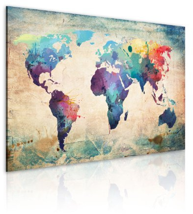 B&D XXL - Leinwandbild Landkarte Kontinente, 120x80 cm, 1-teilig, modern | Hochwertige Leinwand, sofort aufhängbar, ideal fürs Wohn- oder Schlafzimmer, wasserfest und lichtecht, langlebig, stilvoll