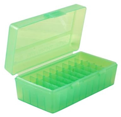 MTM 50 scatole di munizioni rotonde pieghevoli 41/44 calce, 5,52 pollici di lunghezza x 3,24 pollici di larghezza x 1,98 pollici di altezza, (verde trasparente)