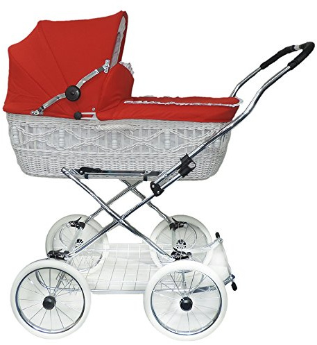 EICHHORN Kinderwagen Weidenkorb - Kinderwagen aus echter Weide, handgeflochten, Korb Weiß, Stoff Rot