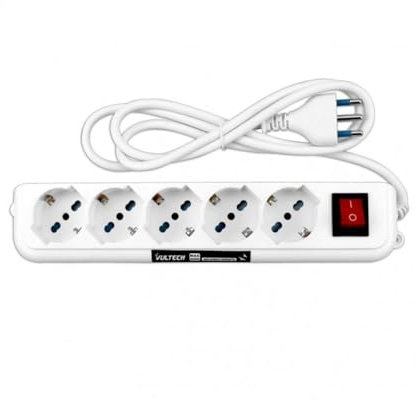 VulTech Multipresa Ciabatta MU-01 Elettrica con 5 Prese Universali ITA 10/16A e Schuko, Interruttore Luminoso, Cavo 1,5 m con Spina Italiana 16A, Bianco, bipasso. [Classe di efficienza energetica A++]