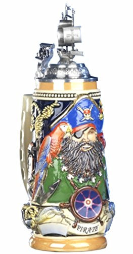 King German Beer Stein Pirate Blackbeard Relief Stein, Sailing Ship lid, Canon thumbrest 0.5 Liter tankard, Beer Mug