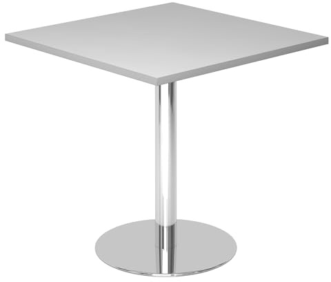 bümö Besprechungstisch, Esstisch klein, Tisch eckig 80x80 cm in grau, Gestell: verchromt - Kleiner Rundtisch für 2 Personen mit Holz-Platte, Säule aus Metall, Konferenztisch, Bistrotisch