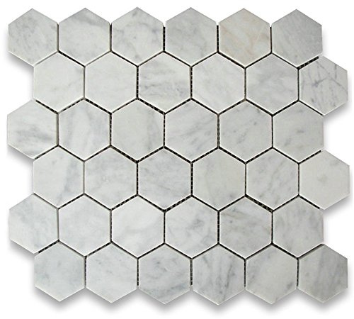 Stone Center Online Carrara White Marble 2 inch Hexagon Mosaic Tile Honed Kitchen Bath Wall Floor Backsplash Shower (1 Sheet)