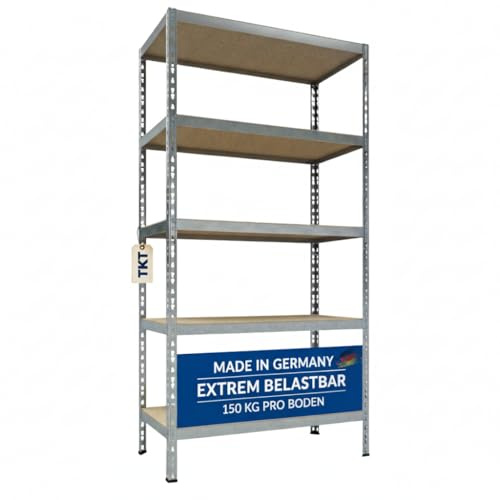 TKT – Work System Steckregal mit Holzböden 180x90x40cm - Verzinktes Regal mit 150kg Tragkraft pro Boden. Schwerlastregal mit 5 Böden für Werkstatt, Wohn- & Kellerraum