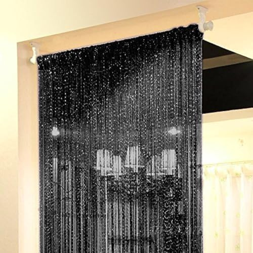 Topixdeals Black Curtains,Door Fringe Curtain,Door Curtains,Rare Flat Silver Ribbon,Thread Fringe Window Panel Room Divider Cute Strip Tassel Party Events(2 Pack, Black)