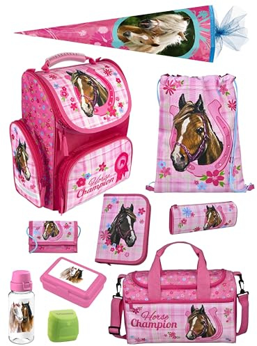 Familando - Schulranzen Set CLOU - 10-teilig mit Schultüte - Pferde - Ergonomisch, stabil & mit gepolstertem Rücken - 930g leicht - 15L Volumen - Mit Reflektoren - Für Grundschule ab 1. Klasse