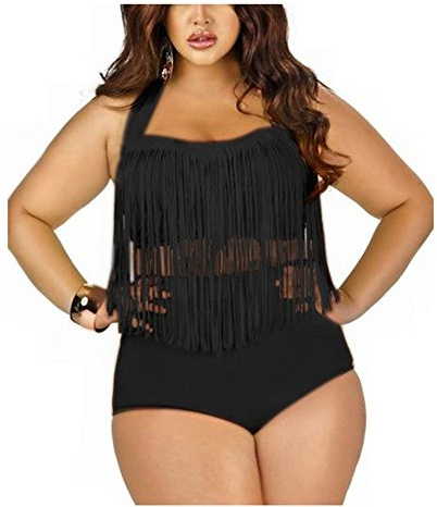 Moin Frauen Plus Size Bikini Set Neckholder Bademode Zwei Teil Badeanzug Schwimmanzug Swimmsuit Swimwear mit Extra Gross Quaste Fransen Farbe Schwarz Größe XXL