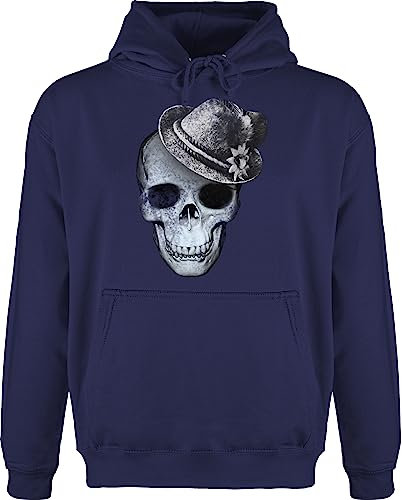 Hoodie Herren Pullover Männer - Kompatibel Oktoberfest - Totenkopf mit Filzhut - XXL - Navy Blau - bayrische skull kapuzenpullover octoberfest bayernhut bayerischer seppl hut oktoberfest- edelweiss
