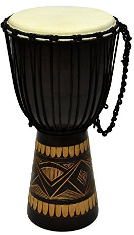 50 cm Djembe Trommel Buschtrommel Afrika-Style geschnitzt Handarbeit exotische Motive Schnüre Knoten Ziegenfell schwarz braun