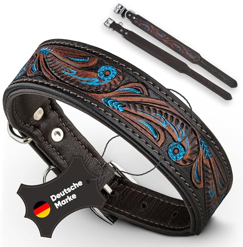 MICHUR® Hundehalsband Leder [Handgefertigt & weich gepolstert] - Lederhalsband Hund mit Stanzmuster (flauschig & fellschonend) - Halsband Hund verstellbar (robust & langlebig)