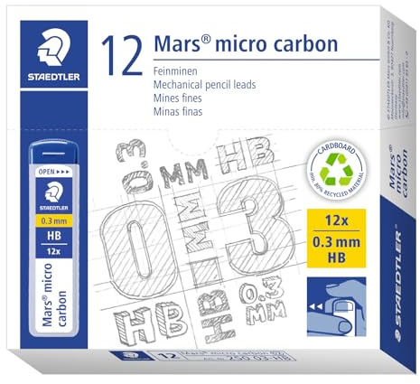 STAEDTLER Mars micro carbon 250 Minen – 0,3 mm HB, 12 Stück | Bruchfeste, stabile Feinminen – weiches Schreibgefühl, in Dose – Art.-Nr. 250 03-HB