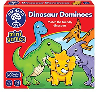 Orchard Toys Dinosaur Dominoes Mini Game, Small and Compact, Travel Game, A Fun Dinosaur Themed Domino Game, Perfect for Children Age 3-5