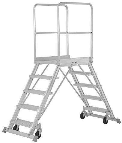 Hymer Podesttreppe fahrbar, beidseitig begehbar, Podestgröße 600x800 mm, 2x8 Stufen, Standhöhe 1950 mm, Gewicht 58 kg
