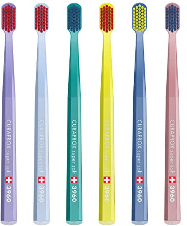 Curaprox 6 x tandborste CS 3960 Super Soft – handtandborste för vuxna med 3960 Super Soft CUREN borst – 6 stycken, slumpmässig färg