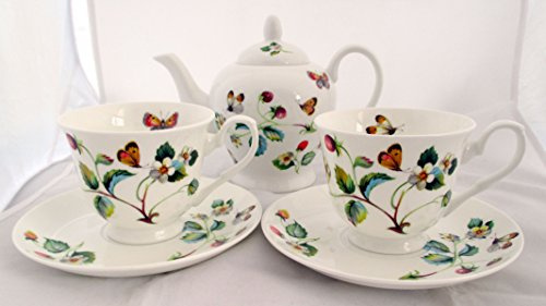Juego de té de fresas y mariposas para dos tazas y 2 platillos de porcelana fina decorada a mano en el Reino Unido. 1 tetera, 2 tazas y 2 platillos