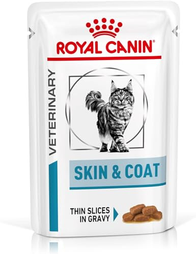 Royal Canin Veterinary Diet Feline Skin & Coat | 12 x 85 g | Alimento húmedo para Gatos Adultos | Trozos Finos en Salsa | para apoyar la Barrera cutánea de los Gatos