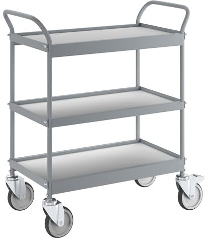 kaiserkraft | Servierwagen | Ladefläche 670 x 380 mm | Tragfähigkeit 75 kg | 3 Etagen | 4 Lenkrollen | Davon 2 mit Doppelstopp