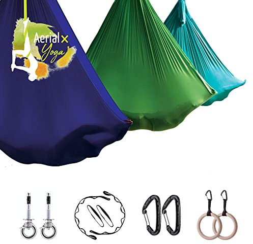 Aerial de fitness de gamuza con anillos de madera Gym en Juego, incluye accesorios y 2 x Fijación de techo para hormigón – para fitness, yoga, calist henics, pilates, Wellness – Original Fabricante,