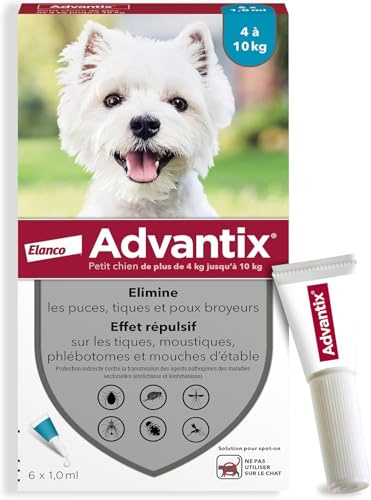 Advantix Petit Chien entre 4 et 10 kg – Pipettes pour chien contre 6 parasites – Traitement en pipette pour une protection en continu pendant 4 semaines – 6 x 1,0 ml