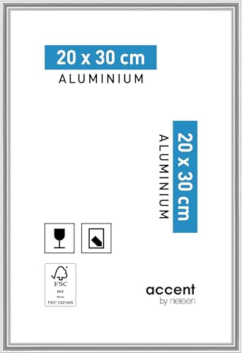 accent by nielsen Aluminium Bilderrahmen Accent, 20 x 30 cm, Silber | Aluminium Fotorahmen im Hoch- & Querformat zum Auftstellen und Aufhängen Silber glänzend Echtglas