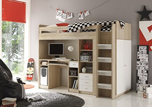 AVANTI TRENDSTORE - Ulla - Letto a soppalco con scrivania e armadio incorporato, in laminato di quercia Sonoma e bianco. Dimensioni: LAP 204x160x112 cm