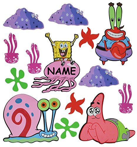 alles-meine.de GmbH 14 TLG. Set: 3-D Wandtattoo/Wandbild/Türschild - Spongebob Schwammkopf aus Moosgummi incl. Namen - Schnecke Gary Wandsticker Wanddeko für Kinderzimmer Kin..