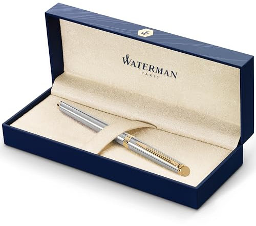 Waterman Hémisphère Tintenroller | Edelstahl mit Zierteile aus 23 K Gold | feine Spitze | Schwarze Tinte | Geschenkbox