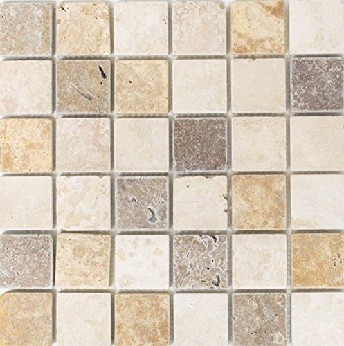 Mosaik Quadrat Travertin Mix Tumbled Travertin Naturstein Küche, Mosaikstein Format: 48x48x10 mm, Bogengröße: 305x305 mm, 10 Bögen
