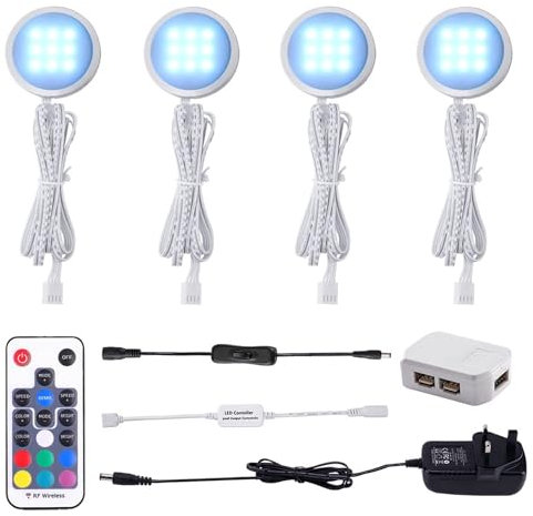 AIBOO Under Cabinet Kitchen Lights RGB 4 Pack with Remote,LED Under Cabinet Light Colour Changing Puck Light 12V Ultra Slim Dimmer&Timer Under Cupboard Kitchen Lights Pulg in,Under Counter Light
