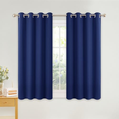 PONY DANCE Blue Energy Saving Blackout Curtains for Boys, Short Eyelet Thermal Curtains & Drapes for Living Room/Kitchen/Kid's Bedroom Window Treatment, W46 X L54-inch, Set of 2