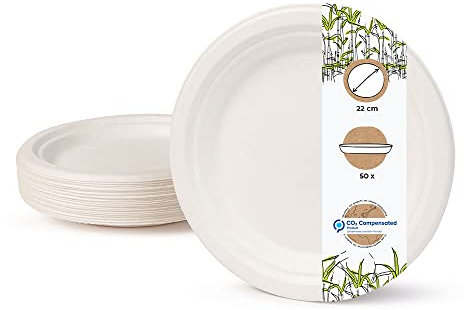 BIOZOYG Vaisselle à base bagasse I 50 pièces d'assiettes du canne de sucre blanche ronds décolorée 22 cm I Bio jetable vaisselle, menu plats et jetable fête assiette