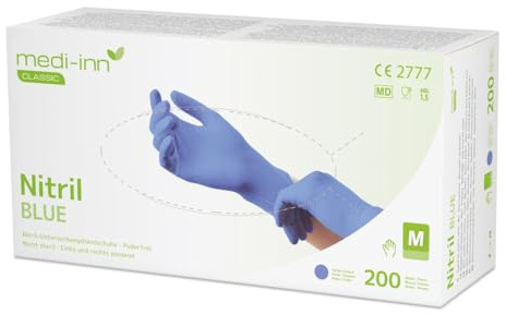 Medi-Inn Nitrilhandschuhe 200 Stück blau, Einweghandschuhe, Einmalhandschuhe, Untersuchungshandschuhe, Nitril Handschuhe, puderfrei, latexfrei (1 Box M, blau)