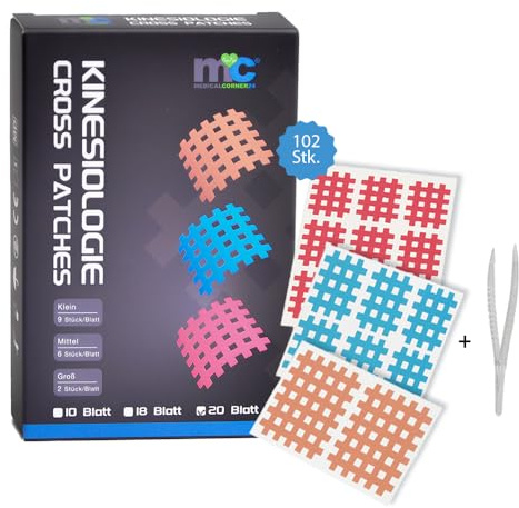 Medicalcorner24® Kinesiologie Gittertape, 102 Cross-Patches inkl. Pinzette, Gitterpflaster, Gitter Pflaster, Gitter Tape,
