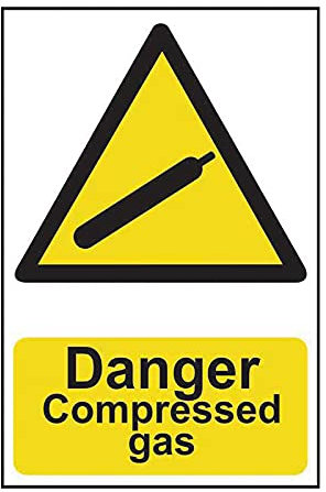Danger Compressed Gas Sign - Hazard Warning Health & Safety - Self-Adhesive PVC - 200mm x 300mm