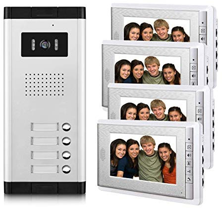 AMOCAM Sistema di videocitofono per appartamenti, kit di 4 videocitofoni domestici, monitor cablato da 7 pollici, monitoraggio di supporto telecamera esterna IR, sblocco ID, citofono a 2 vie, 1