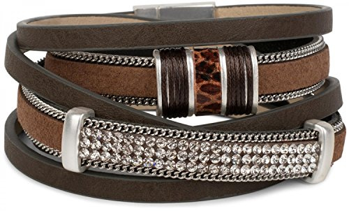 styleBREAKER Damen Wickelarmband Strass Gliederkette Magnet | 3-Reihig. Länge 39cm. Breite 2cm. Besatz mit Glassteinen. Metallring mit Schlangen-Print. Vintage Look.